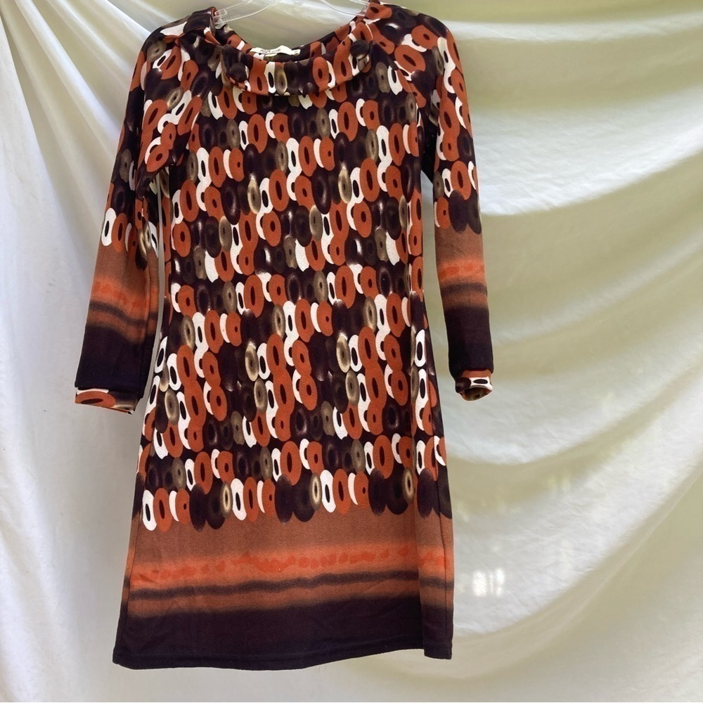 Aryeh Orange And Brown Patterned Retro Style Dress, Size Small